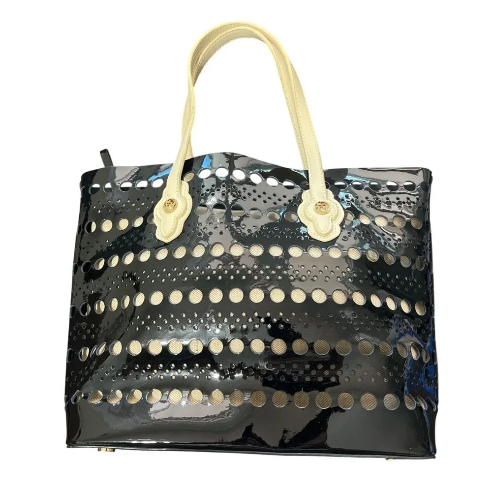 Spartina 449 Black Patent Leather Tote Bag Laser-Cut Dots With Beige Handles - Picture 1 of 7